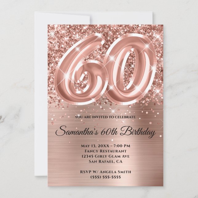 Invitation Glitterie brillant Rose or 60e anniversaire (Devant)