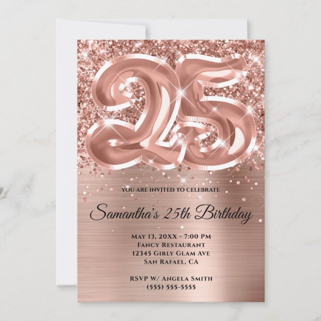 Invitation Glitterie brillant Rose or glam 25e anniversaire (Devant)