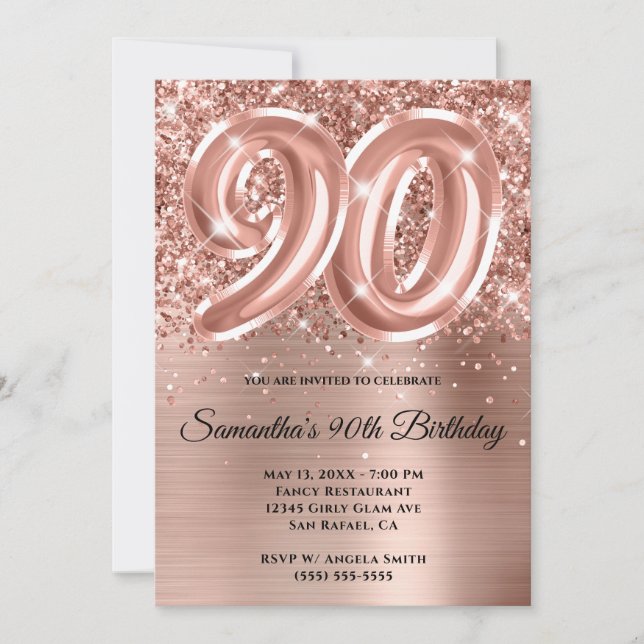 Invitation Glitterie brillant Rose or glam 90e anniversaire (Devant)
