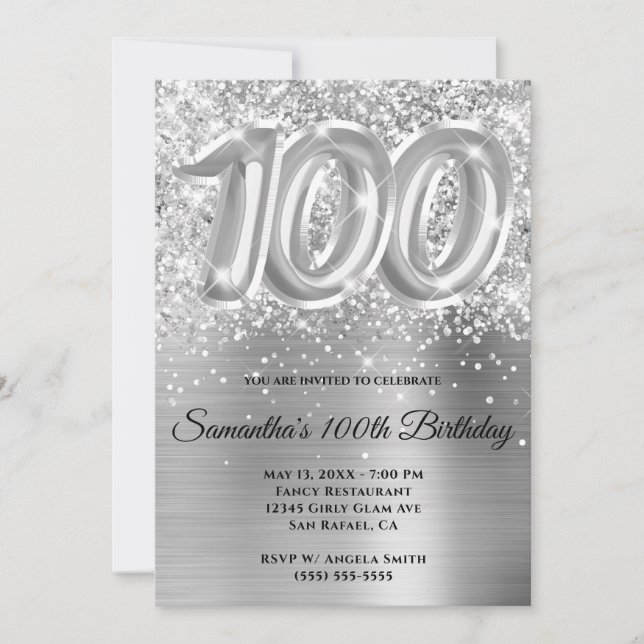 Invitation Glitterie brillante en argent 100e anniversaire (Devant)