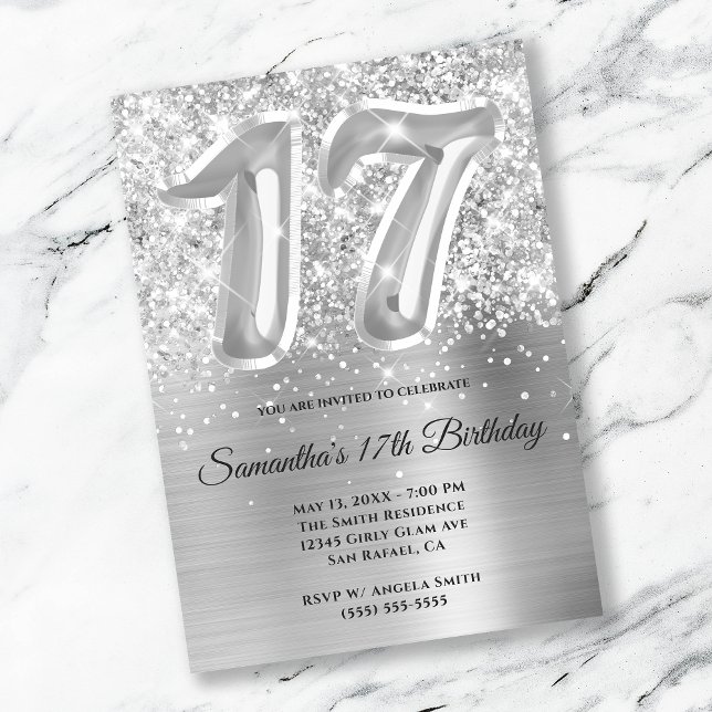 Invitation Glitterie brillante en argent 17e anniversaire (Créateur téléchargé)