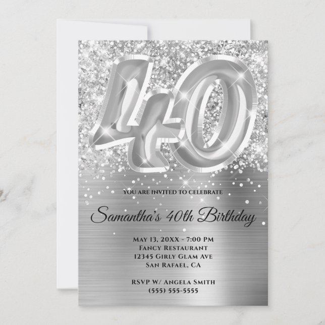 Invitation Glitterie brillante en argent 40e anniversaire (Devant)