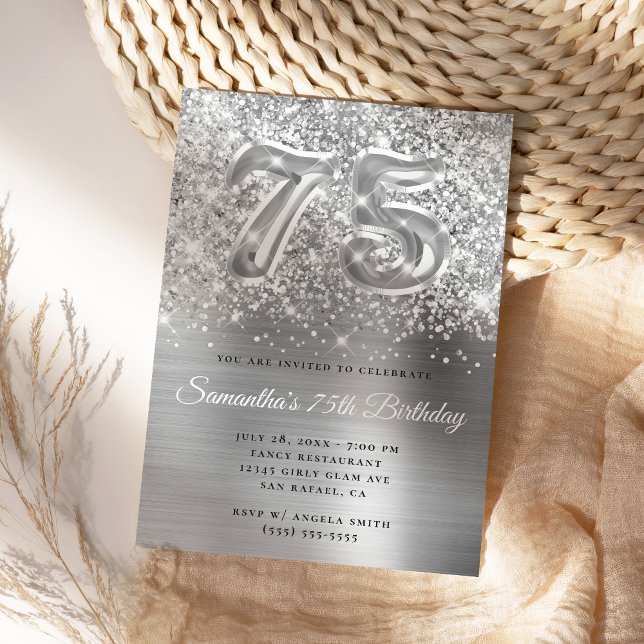 Invitation Glitterie brillante en argent 75e anniversaire (Create your own silvery 75th milestone birthday invite.)