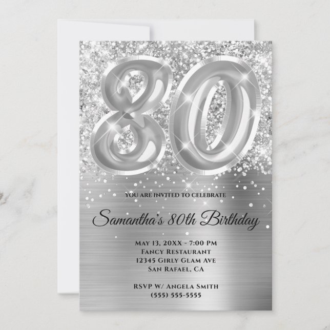 Invitation Glitterie brillante en argent 80e anniversaire (Devant)