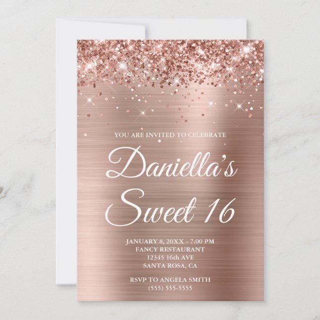 Invitation Glitterie brillante Rose or Foil Sweet 16 (Devant)