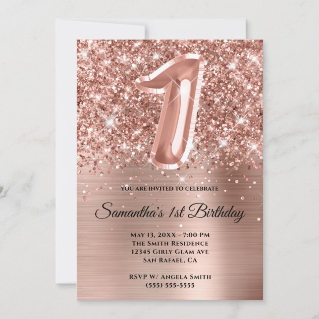 Invitation Glitterie brillante Rose or glam 1er anniversaire (Devant)