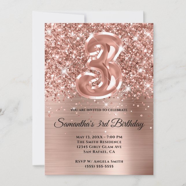 Invitation Glitterie brillante Rose or glam 3e anniversaire (Devant)