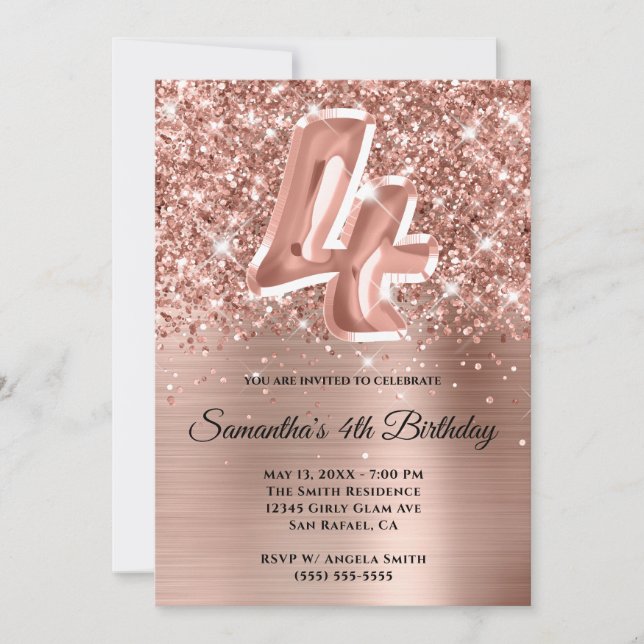 Invitation Glitterie brillante Rose or glam 4e anniversaire (Devant)