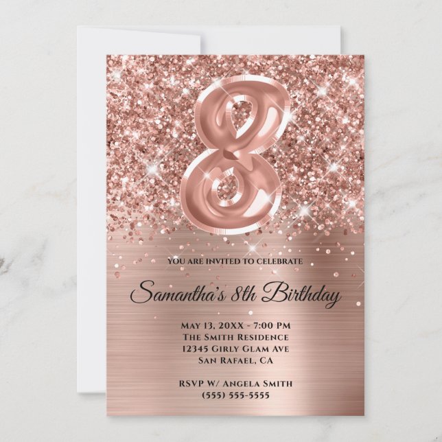 Invitation Glitterie brillante Rose or Glam 8e anniversaire (Devant)