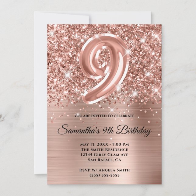Invitation Glitterie brillante Rose or glam 9e anniversaire (Devant)