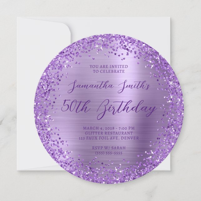 Invitation Glitterie circulaire Purple Foil 50e anniversaire (Devant)
