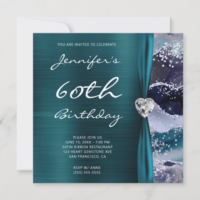 Invitation Glitterie d'océan Glam Turquoise Foil 60e annivers (Devant)