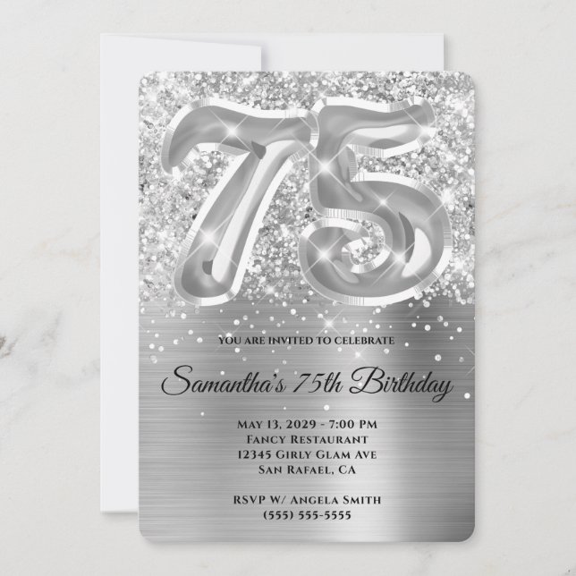Invitation Glitterie étincelante Silver Glam 75e anniversaire (Devant)