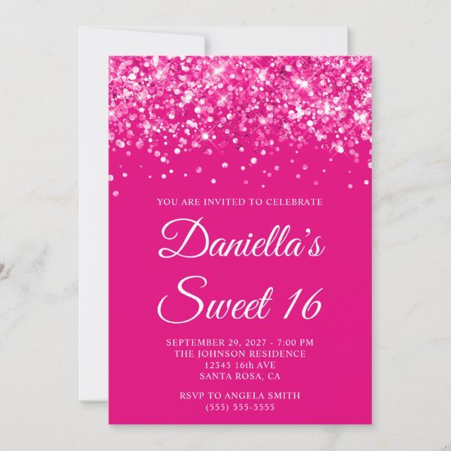 Invitation Glitterie Hot Rose Sweet 16 (Devant)