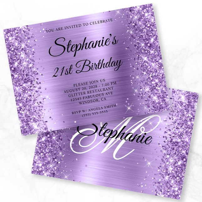 Invitation Glitterie Lumière Violet Monogramme Glam 21e anniv (Horizontal 5x7 Invite)
