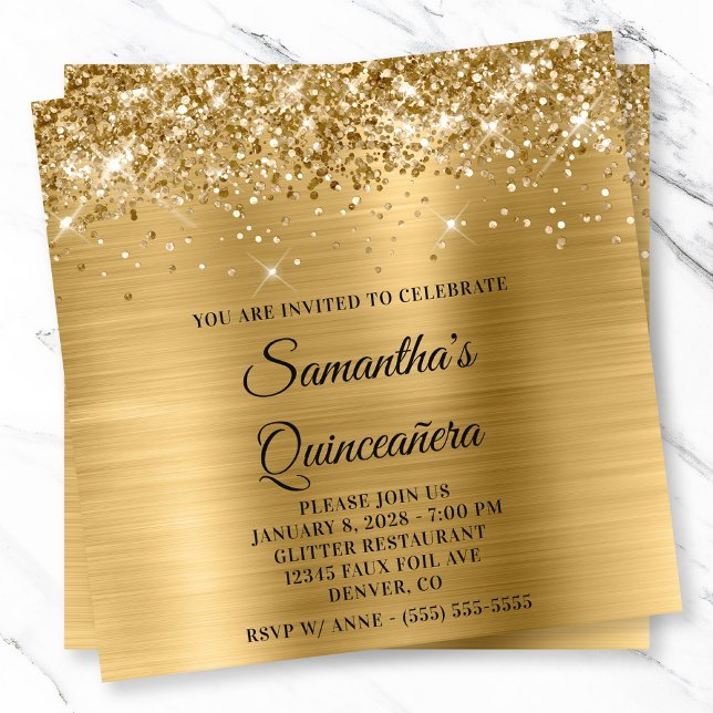 Invitation Glitterie or métal Look Quinceanera (Glittery Gold Metallic Look Quinceanera Invitation)