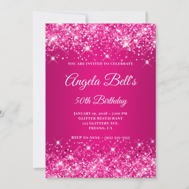 Invitation Glitterie Raspberry rose chaud Monogramme 50e anni (Devant)
