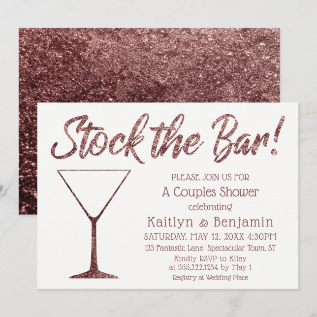 Invitation Glitterie Rose Or Stock le Bar Couples Douche (Devant / Derrière)