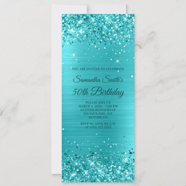 Invitation Glitterie Turquoise Blue Foil 50e anniversaire (Devant)