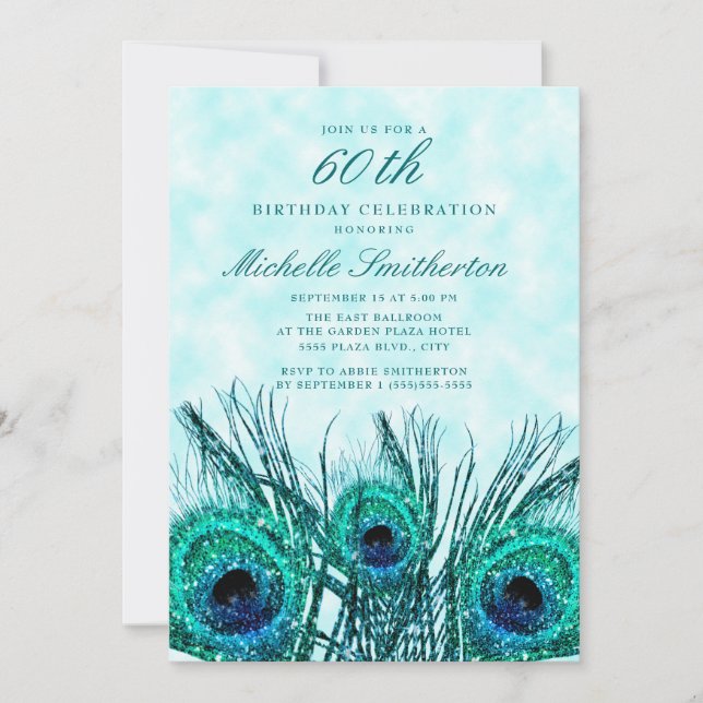 Invitation Glitterie Turquoise Peacock Feathers 60e anniversa (Devant)