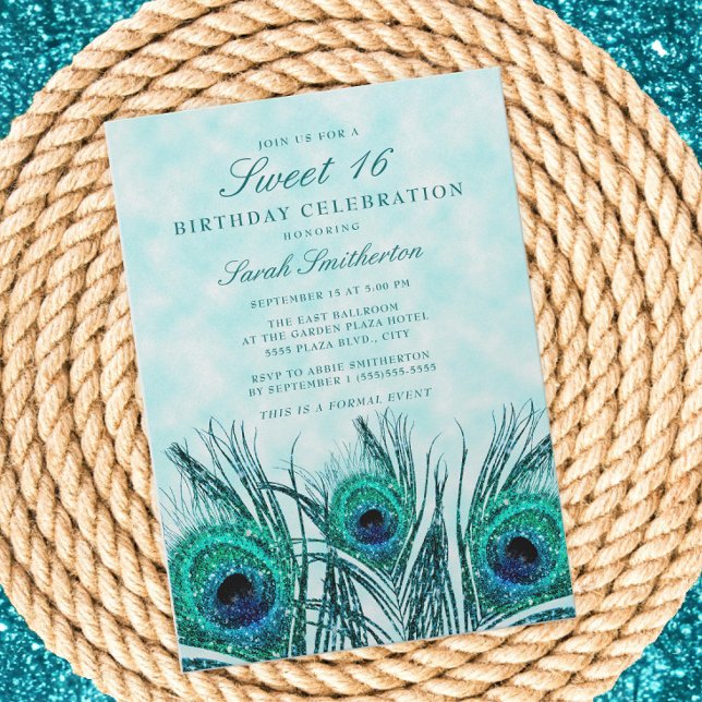 Invitation Glitterie Turquoise Peacock Feathers Sweet 16 (Teal peacock feathers Sweet 16 birthday invitation)