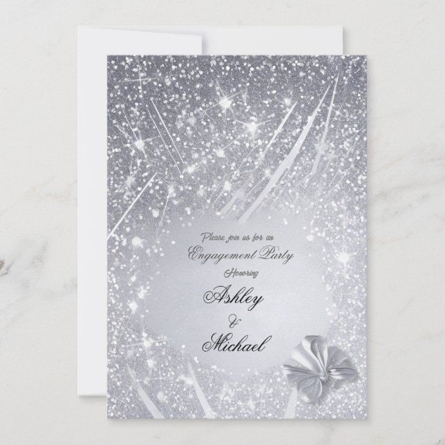 Invitation glittery argent confetti fiançailles chic (Devant)