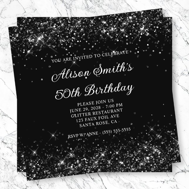 Invitation Glittery Black 50e anniversaire (Glittery Black 50th Birthday Invitation)