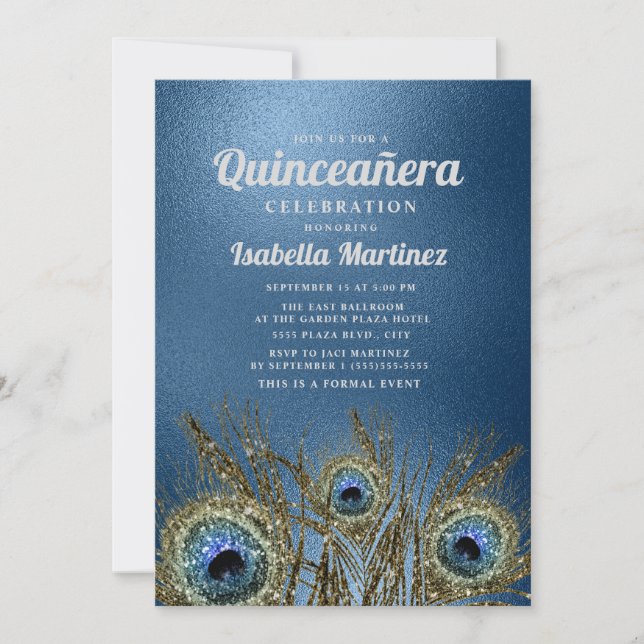 Invitation Glittery Blue Gold Peacock Feathers Quinceañera (Devant)