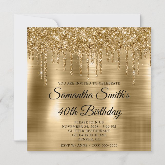 Invitation Glittery Drips Gold Foil 40e anniversaire (Devant)