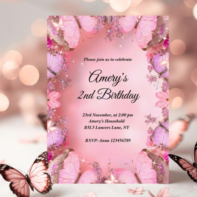 Invitation Glittery Elegant Pink Purple Butterfly Birthday (butterfly birthday invitation, pink butterfly birthday, little butterfly birthday, our little butter)