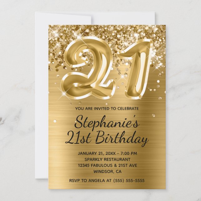 Invitation Glittery Gold Foil Balloon 21e anniversaire (Devant)