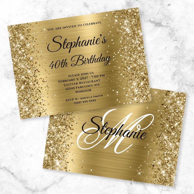 Invitation Glittery Gold Foil Fancy Monogramme 40e anniversai (Créateur téléchargé)