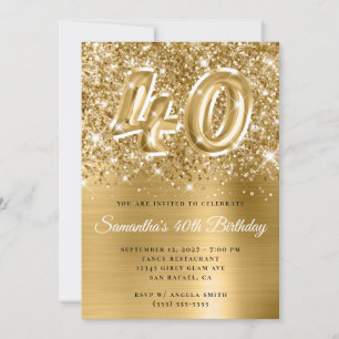 Invitation Glittery Gold Glam Numéro 40e anniversaire