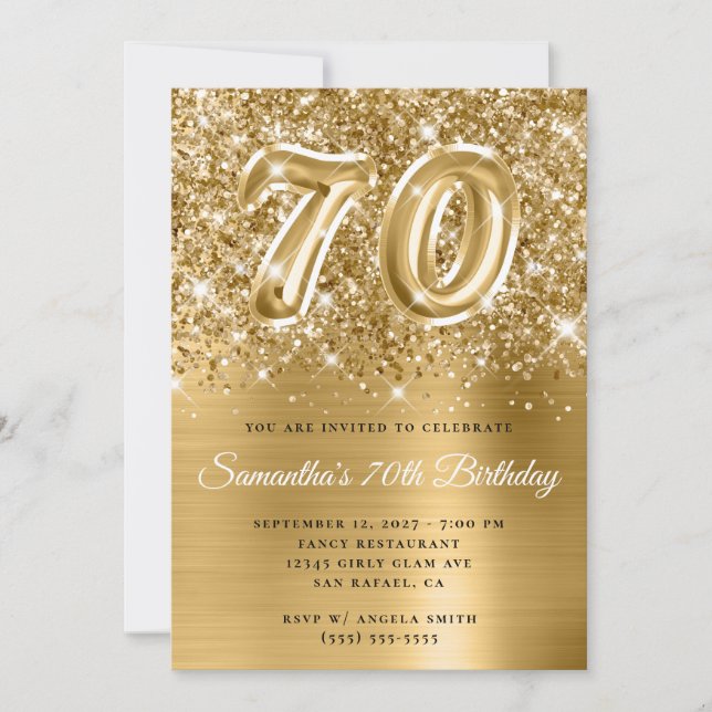 Invitation Glittery Gold Glam Numéro 70e anniversaire (Devant)