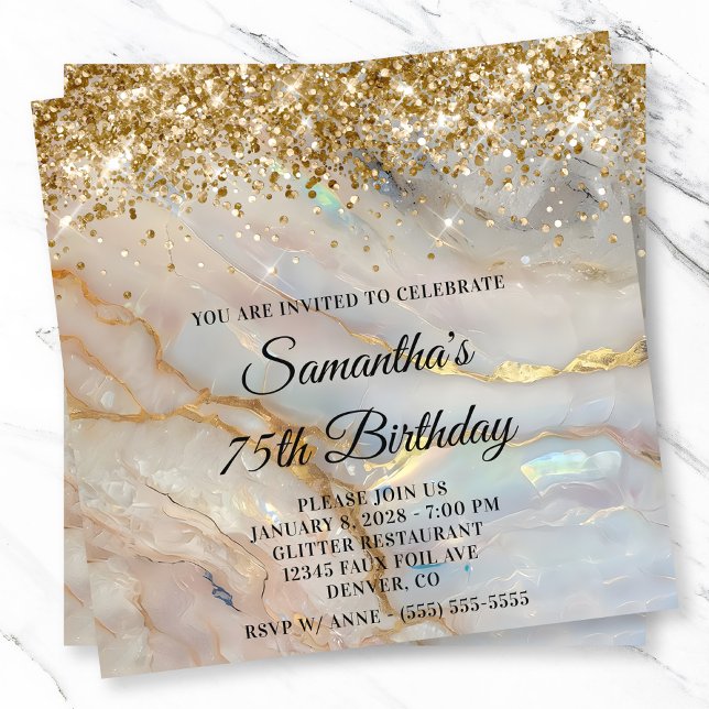 Invitation Glittery Gold Marbled Opal 75e anniversaire (Glittery Gold Marbled Opal 75th Birthday Invitation)