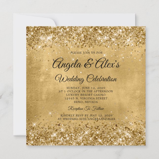 Invitation Glittery Gold Mariage élégant (Devant)