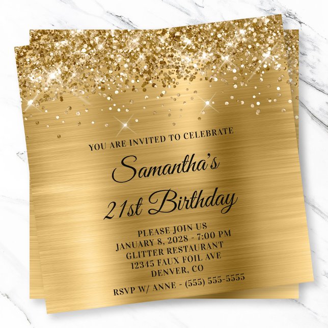 Invitation Glittery Gold Metallic Look 21e anniversaire (Glittery Gold Metallic Look 21st Birthday Invitation)