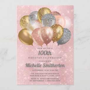 Invitation Glittery Pink Silver Gold Balloons 100e anniversai