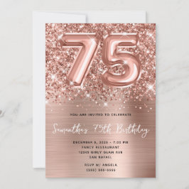 Invitation Glittery Rose Gold Balloon Glam 75e anniversaire