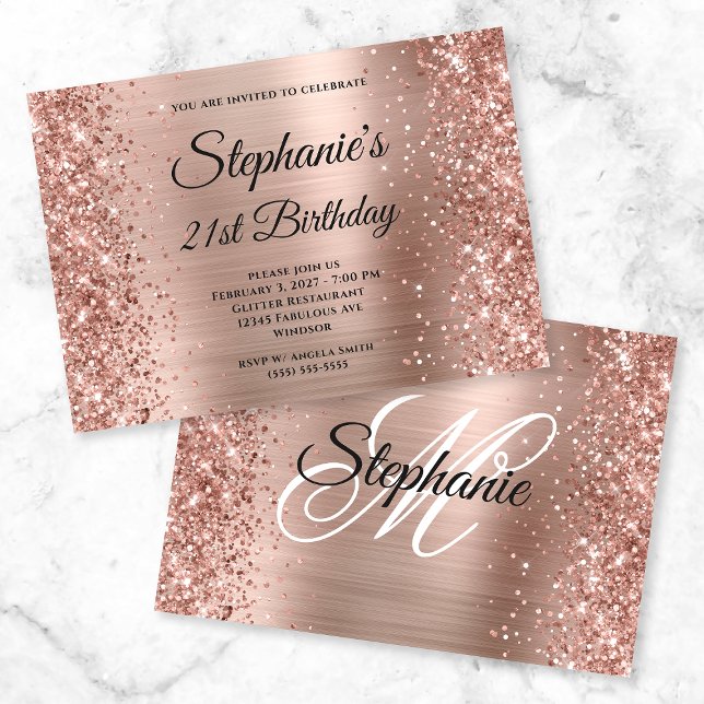 Invitation Glittery Rose Gold Fancy Monogramme 21e anniversai (Créateur téléchargé)