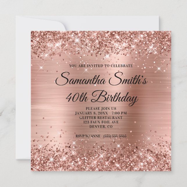 Invitation Glittery Rose Gold Foil 40e anniversaire (Devant)