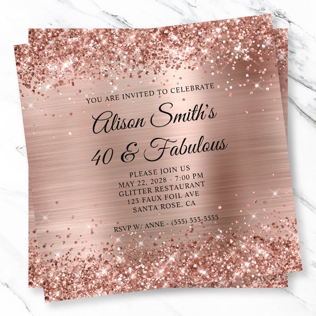 Invitation Glittery Rose Gold Foil Monogramme 40 & Fabulous (Glittery Rose Gold Foil Monogram 40 & Fabulous Invitation)