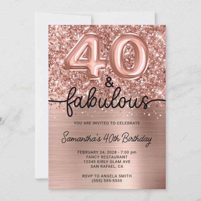 Invitation Glittery Rose Gold Glam 40 et Fabulous (Devant)