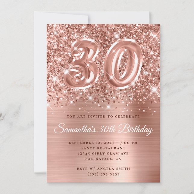 Invitation Glittery Rose Gold Glam Numéro 30e anniversaire (Devant)