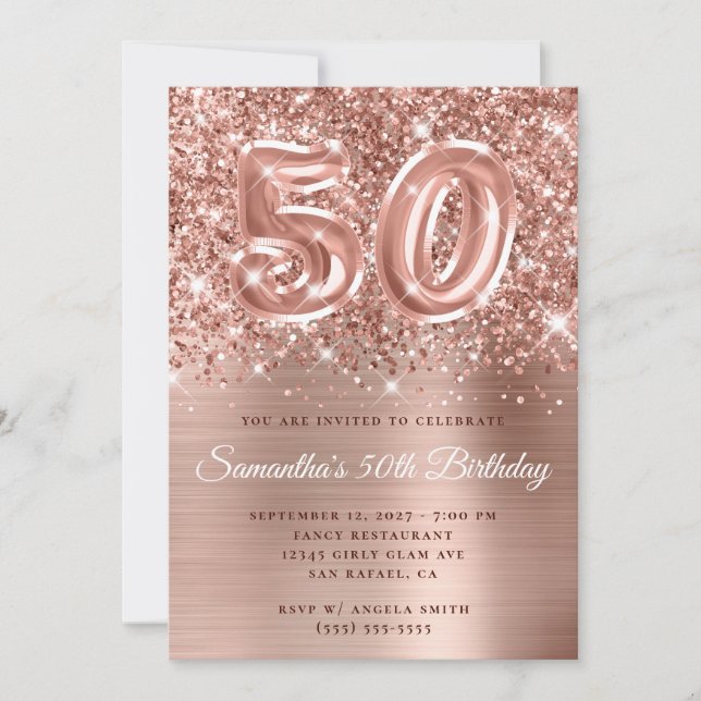 Invitation Glittery Rose Gold Glam Numéro 50e anniversaire (Devant)