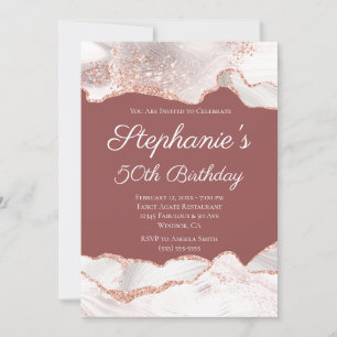 Invitation Glittery Rose Gold White Agate 50th Birthday Brick