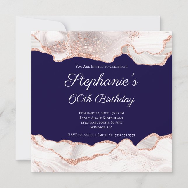 Invitation Glittery Rose Gold White Agate 60e anniversaire Ma (Devant)