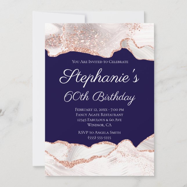 Invitation Glittery Rose Gold White Agate 60e anniversaire Ma (Devant)