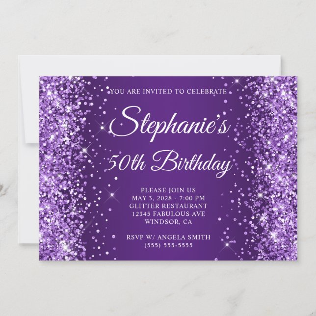 Invitation Glittery Royal Purple Monogramme 50e anniversaire (Devant)