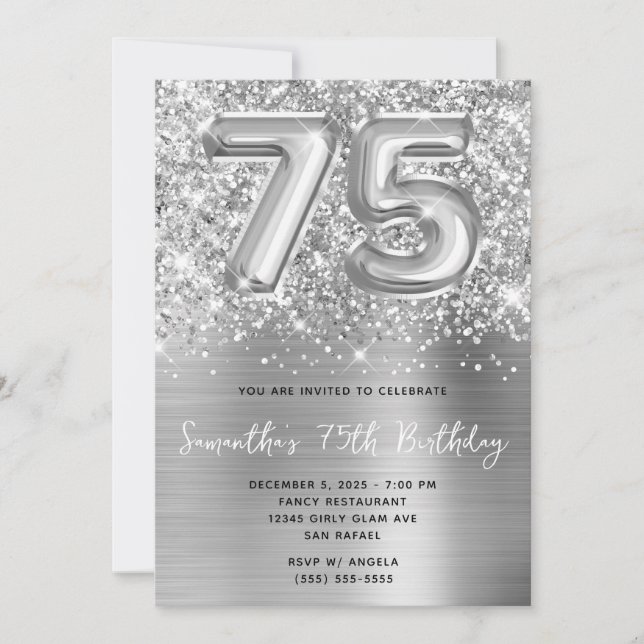 Invitation Glittery Silver Balloon Glam 75e anniversaire (Devant)